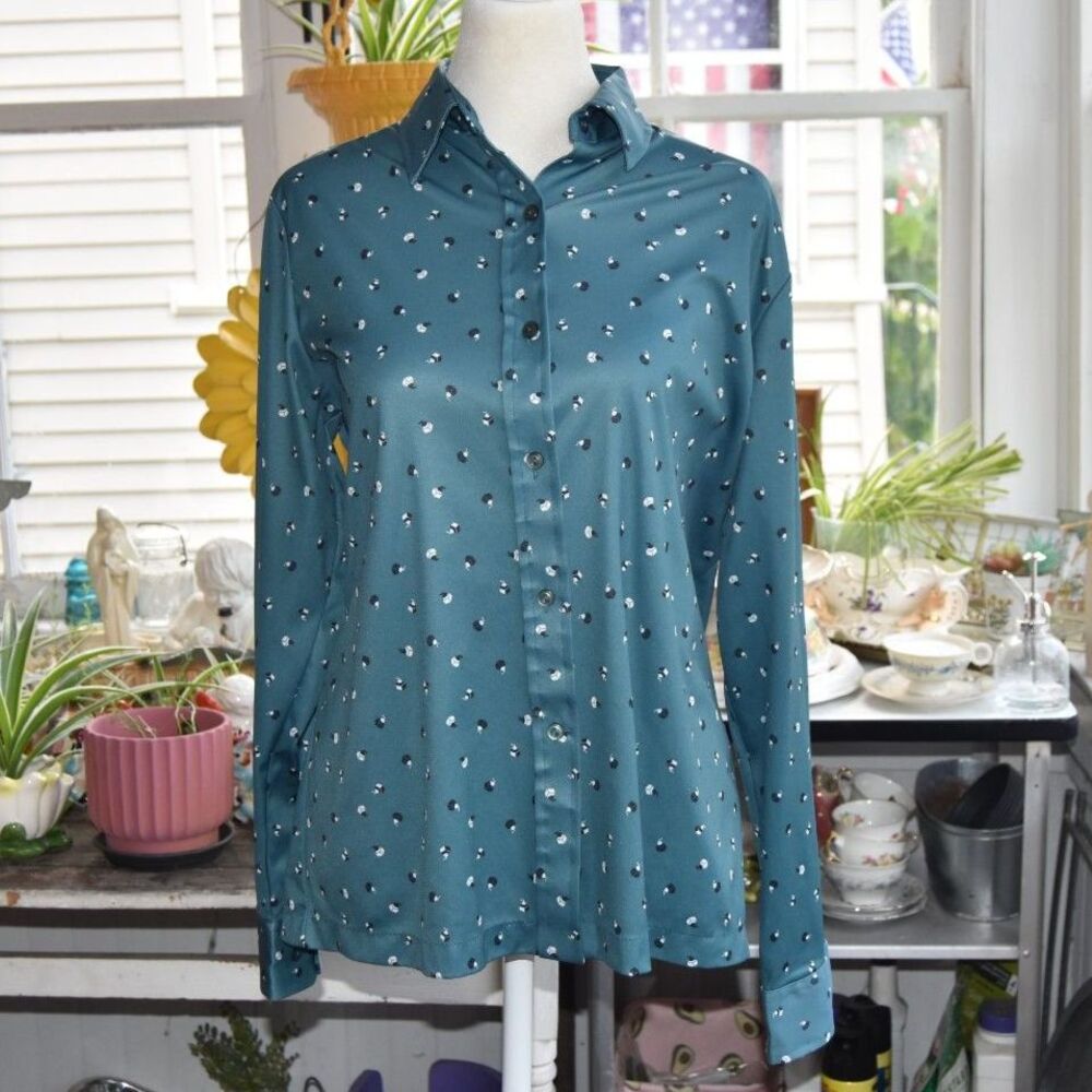 Vintage 70s Sears TheShirt Teal Novelty Apple Cube Print Button Blouse Women’s L